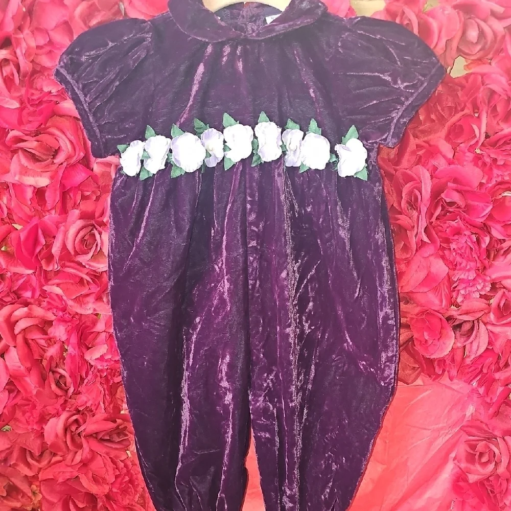 First Impressions Crushed Purple Velvet Baby Romper w/ Flower Accent Size 6/9mth